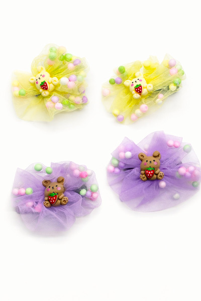 MakeWell Rainbow Teddy Bear Flower Figured Tulle Bow Hair Clip Set of 2 – Gir...