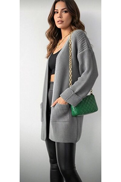 HeviStor Women's Knitwear Cardigan with Folded Sleeves, Loose Fit