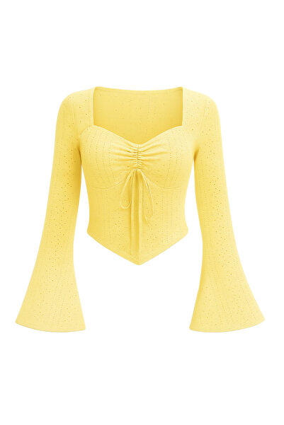 meren like your style Yellow Lace Detailed Long Sleeve Transitional Blouse Top
