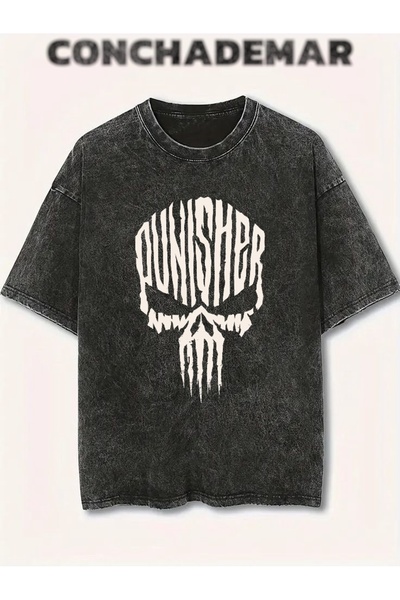 Vordevia Tricou oversize lavabil cu imprimeu Punisher, unisex, vintage, confo...