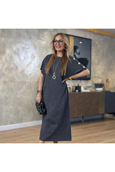 Red Daisy Bat Sleeve Midi Dress with Gold Button Detail