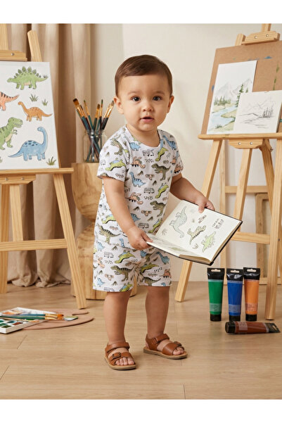 ALYAKİDS Boy's Dinosaur Patterned Shorts Set - Cotton Summer Top and Bottom B...