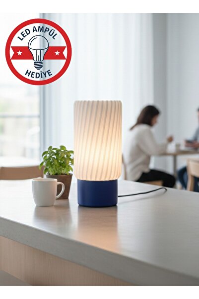 ProLaz Modern Pileli Abajur Mavi Tabanlı LED Ampül Hediyeli Şık Masa Lambası