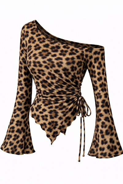 meren like your style Leopard Long Sleeve Asymmetric Collar Draped Side Tie S...