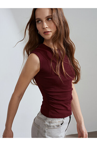 Dilvin 21054 Gathered Basic T-Shirt-Burgundy