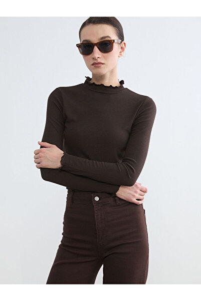 LC Waikiki Brown Ruffled Stand Collar Women's Bodysuit