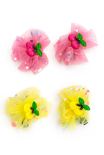 MakeWell Cherry Figured Tulle Bow Hair Clip Set of 2 – Girls' Pink & Yellow R...