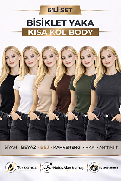 RDK Giyim Kadın 6'lı Set Bisiklet Yaka Kısa Kol Body