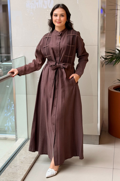 Ceremony Kafes Detaylı Belden Kuşaklı Keten Elbise