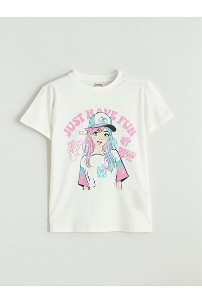 LC Waikiki Meral Collection Bela okrugla kragna Štampano Devojčica Majica