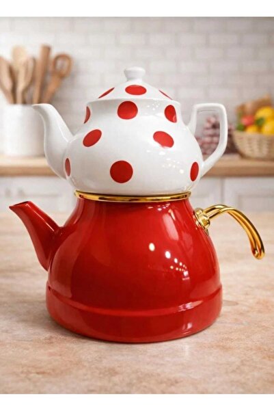 Home Gold Detailed Top Porcelain Bottom Enamel Double Teapot Set