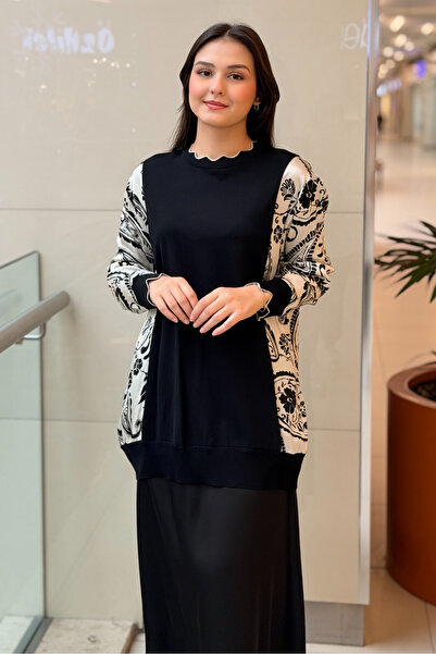 Ghisa Kolları Floş Desenli Triko Kombinli Tunik