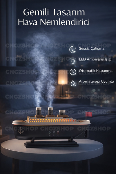 CNGZSHOP Buharlı Titanik Gemi Hava Nemlendirici – LED Işıklı Aromaterapi Difü...