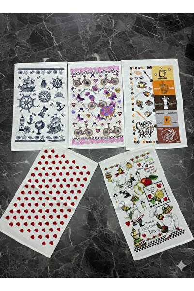 ÖZteks (5 Pieces) 30-50 cm Printed Velvet Kitchen Towel & Hand and Face Towel