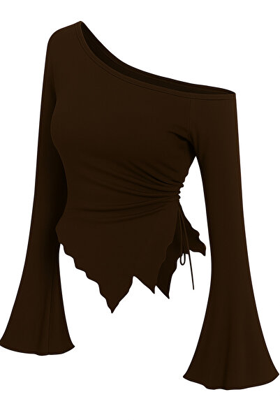 meren like your style Bitter Coffee Long Sleeve Asymmetric Neckline Draped Si...