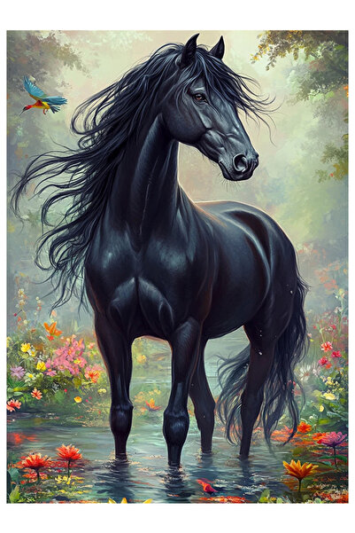 Bedeko Siyah At Resmi Mdf Ahşap Tablo