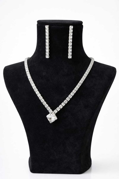 KLC TAKI Women's Silver Color Model Waterway Zircon Stone Necklace Earring Set