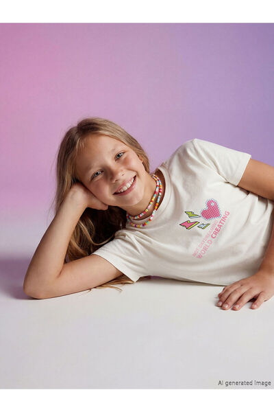 LC Waikiki Trendlucky Girls' T-Shirt with Oval Collar and Printed Design, Pac...