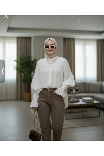 QETEENN Women's White Robadan Gathered Balloon Sleeve Draped Shirt