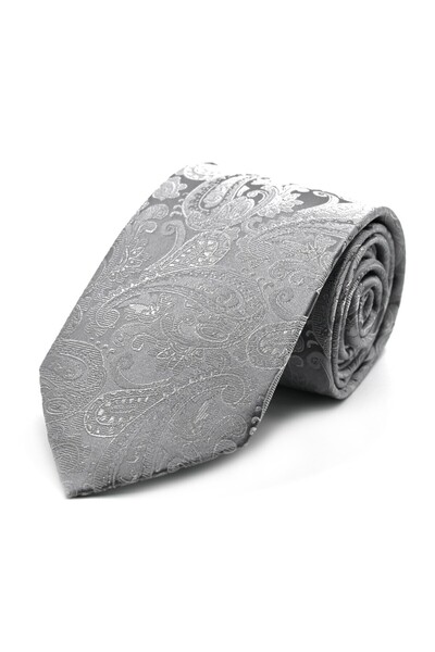 Sade Kravat White Gray Shawl Patterned Silk Tie 33060 White