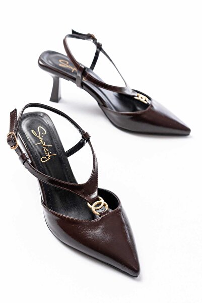 simplicity Aura Bitter Brown Crinkled Patent Leather Buckle Detailed Heeled S...