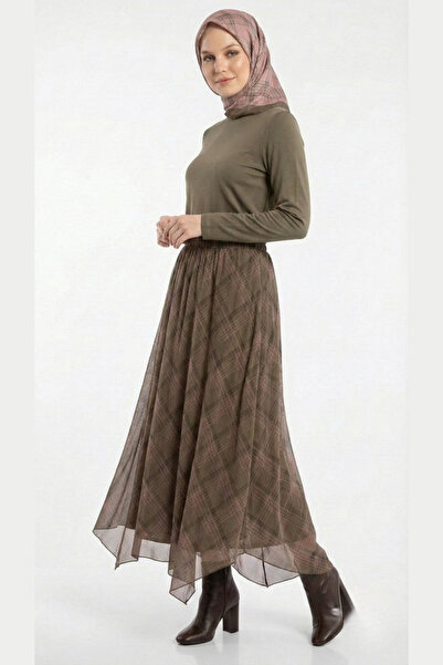 ABAY GİYİM Asymmetrical Cut Comfortable Fit Maxi Plaid Patterned Chiffon Elas...