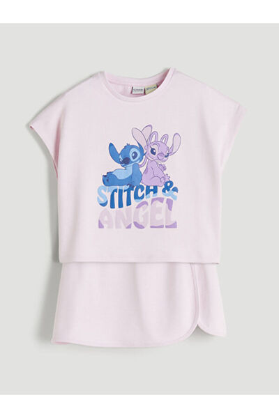 LC Waikiki تي شيرت وتنورة قصيرة للفتيات مطبوعة بتصميم ستيتش وأنجل من UZG STORE