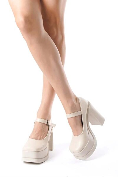 Difolia Pantofi cu toc cu platformă pentru femei, piele cremă, cu o singură b...