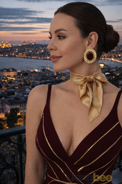 King Bee ZRA MODEL GOLD ÇERÇEVE KOYU BORDO Daire Formlu Dokulu Küpe Vintage S...