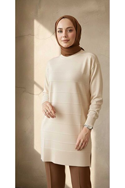 Hafel Tesettür Kadın Triko Soğuk İplik Tunik Enine Çizgili