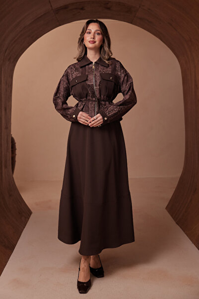 Balenbi Patterned Combination Zippered Shirt Collar Double Crepe Skirted Isla...