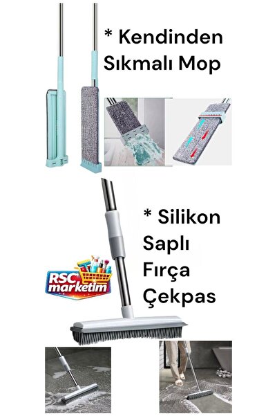 RSC MARKETİM Banyo SET / Kendinden Sıkmalı Mop / Kauçuk Uçlu Teleskopik Saplı...