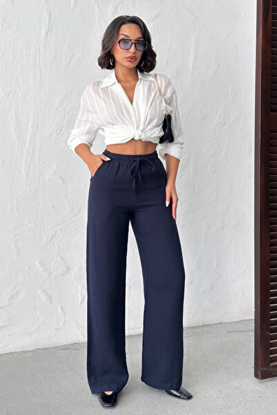veres Nova Navy Blue Muslin Wide Leg High Waist Drawstring Summer Trousers