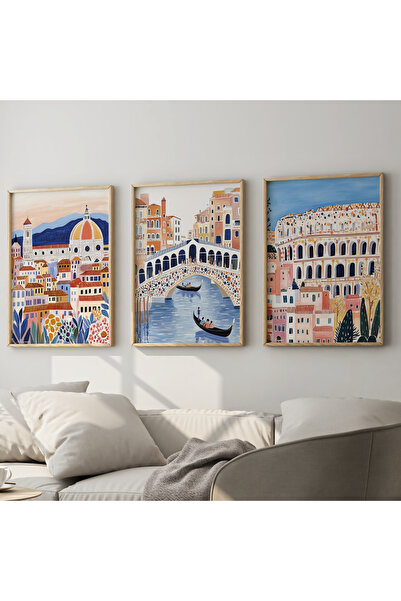 Minimalist Watercolor Style Cities - Rome, Venice, Florence - Natural Wooden Framed Painting Set