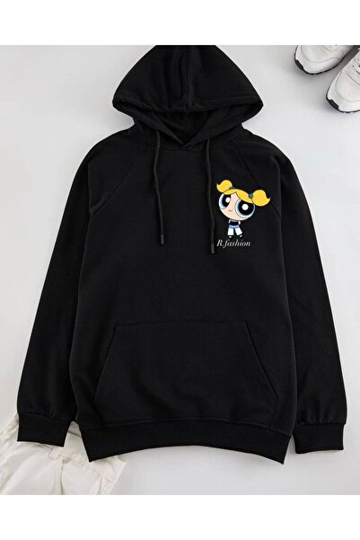 COZYWEAR سويت شيرت أسود كبير الحجم للجنسين مع قلنسوة، مطبوع بجودة عالية، مريح...