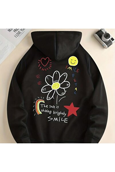 COZYWEAR سويت شيرت أسود كبير الحجم للجنسين مع قلنسوة، مطبوع بجودة عالية، مريح...