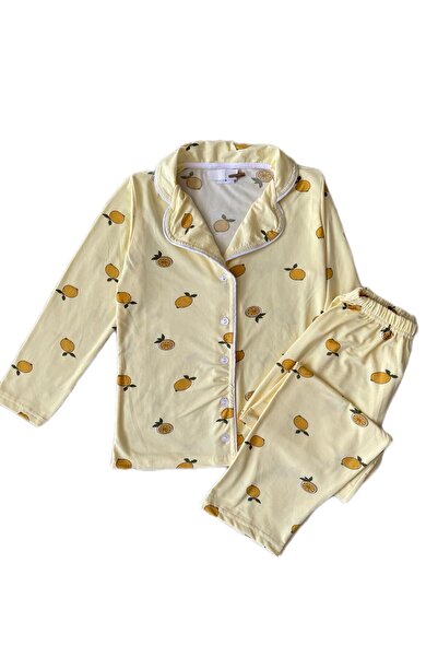 byalisdmr Unisex Children's Pajama Set Summer Milan Fabric Lemon Pattern with Bow Detail Shirt Collar