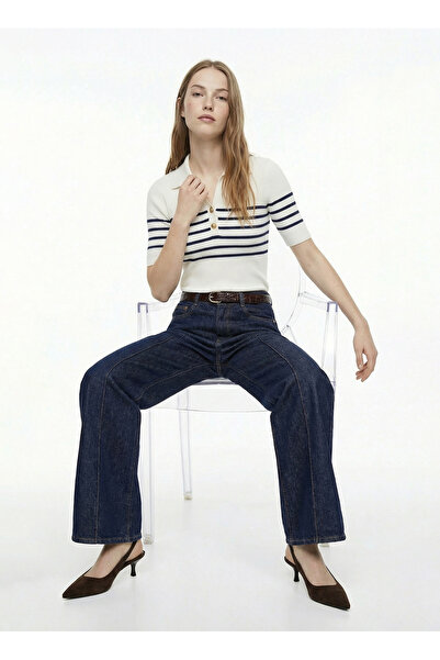 Fabrika Polo Yaka Slim Fit Çizgili Ekru - Lacivert Kadın Kazak F6SL-KZK0500