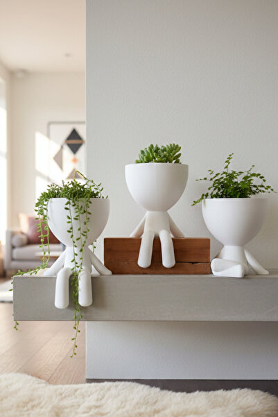 Datdijital 3'lü Set Beyaz İnsansı Biblo Saksı - Sukulent ve Kaktüs İçin Saksı