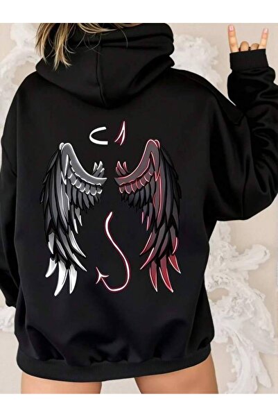 COZYWEAR سويت شيرت أسود كبير الحجم للجنسين مع قلنسوة، مطبوع بجودة عالية، مريح...
