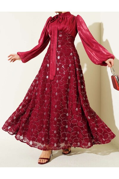 Burcia Balloon Sleeve Sequined Floral Evening Dress