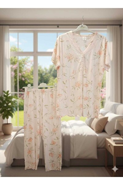 Andrella Women's 80% Bamboo 20% Cotton V-Neck Lace Capri Pajama Set - Floral ...