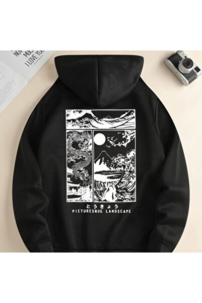 COZYWEAR سويت شيرت أسود كبير الحجم للجنسين مع قلنسوة، مطبوع بجودة عالية، مريح...