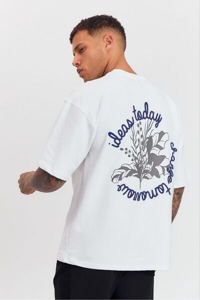 MADZEYMODA تي شيرت أبيض كبير الحجم للرجال بياقة دائرية وتفاصيل مطرزة LS-36042