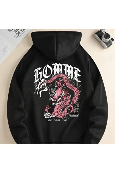 COZYWEAR سويت شيرت أسود كبير الحجم للجنسين مع قلنسوة، مطبوع بجودة عالية، مريح...