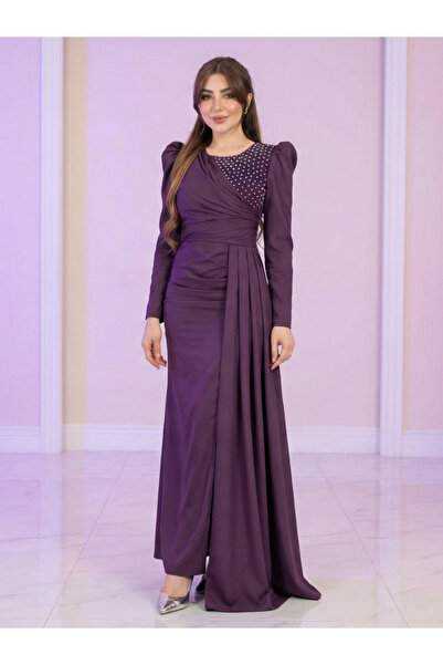 Nice Model فستان رمضاني أنيق لفّ من كريب، بأكمام طويلة، فستان رسمي مزين بتطري...