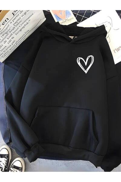 COZYWEAR سويت شيرت أسود كبير الحجم للجنسين مع قلنسوة، مطبوع بجودة عالية، مريح...