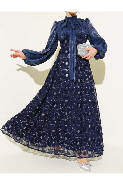 Burcia Balloon Sleeve Sequined Floral Evening Dress