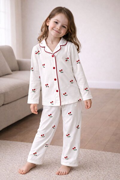 byalisdmr Girls' Pajama Set Summer 100% Cotton Milan Fabric Cherry Pattern wi...