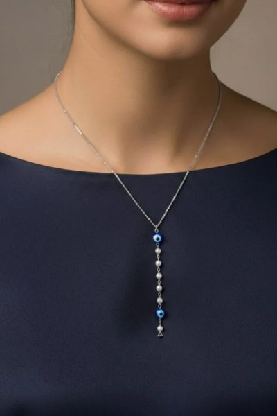 YümanınYumağı Silver Color Crushed Chain Evil Eye Pearl Oval Ye Model Steel N...